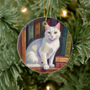 White Cat Drawing Ceramic Ornament