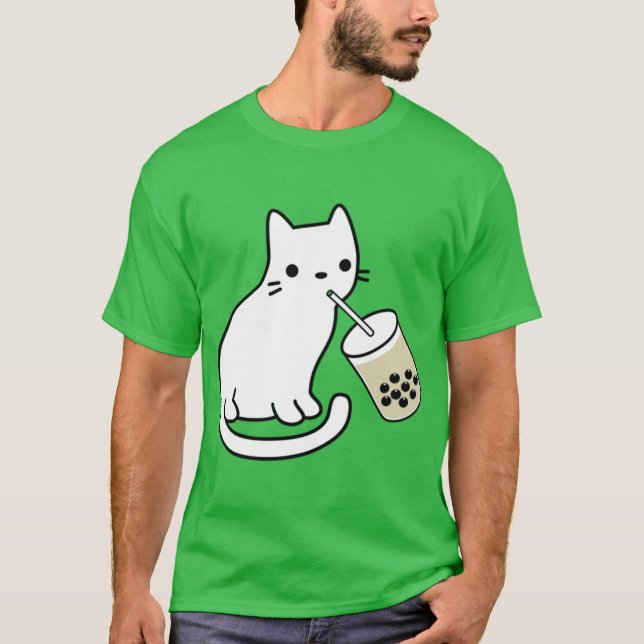 White Cat Drinking Boba Milkea boy T-Shirt (Front)