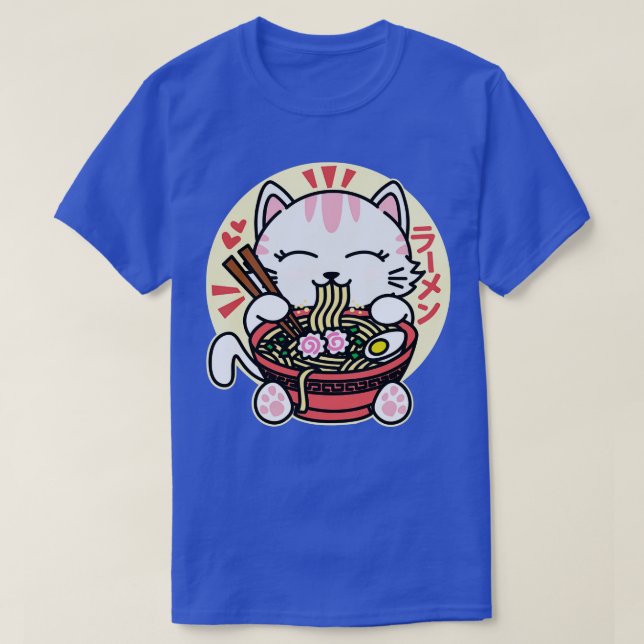 White Cat Eating Ramen T-Shirt (Design Front)