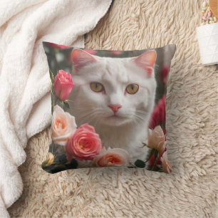 White Cat Face in Roses Cushion