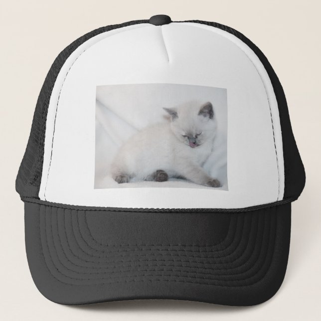 White cat grooming itself trucker hat (Front)