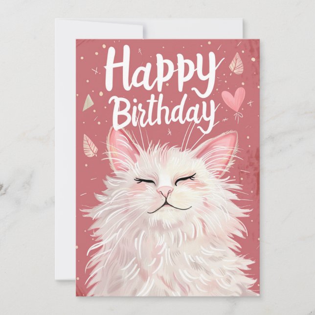 White Cat Happy Birthday Holiday Card (Front)