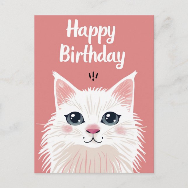 White cat happy birthday postcard (Front)