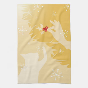 White Cat & Holly, gold, tea towel