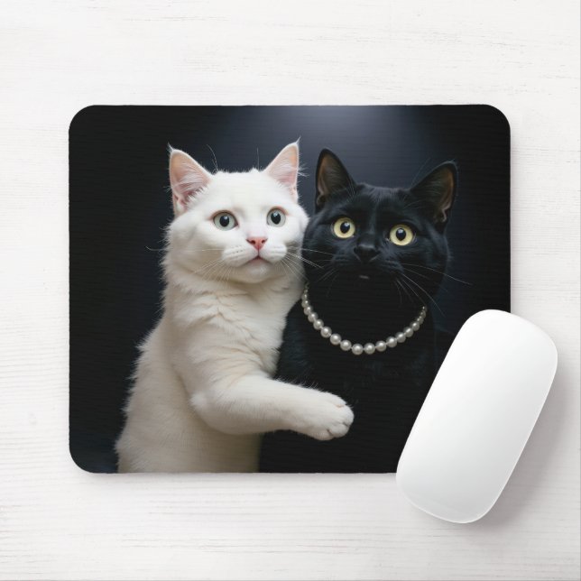 White Cat Hugging a Black Cat Mouse Pad (With Mouse)