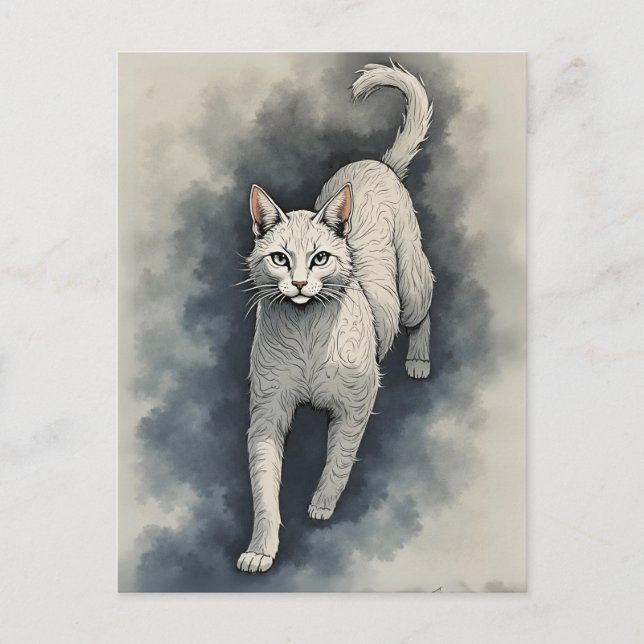 White Cat in a Chinese Ink Drawing Style Postcard (Front)