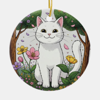 White Cat in a Colorful Garden Ceramic Ornament