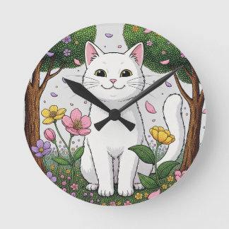 White Cat in a Colorful Garden Round Clock