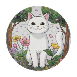 White Cat in a Colourful Garden Cutting Board