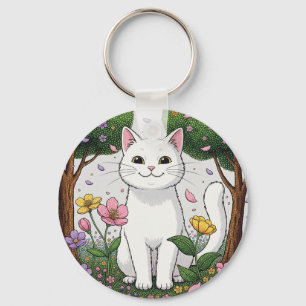 White Cat in a Colourful Garden Key Ring