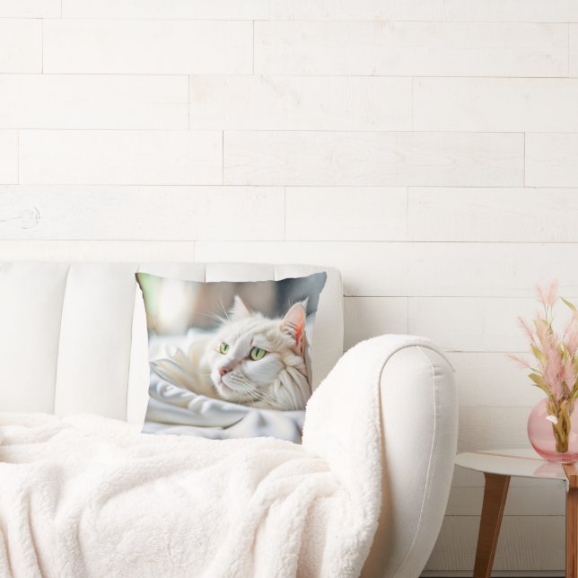 White Cat In A White Blanket Cushion (Couch)