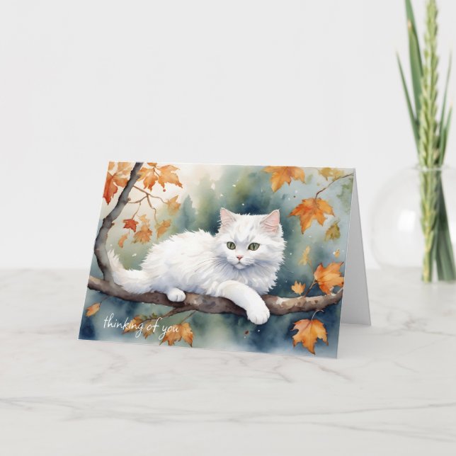 White Cat In Autumn Leaves for Thinking of You Card (Front)