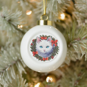 White Cat in Christmas Wreath Watercolor Painting, Ceramic Ball Christmas Ornament