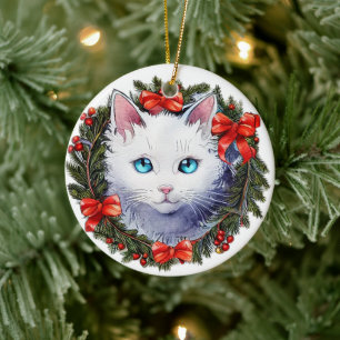 White Cat in Christmas Wreath Watercolor Painting, Ceramic Ornament