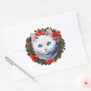 White Cat in Christmas Wreath Watercolor Painting, Classic Round Sticker