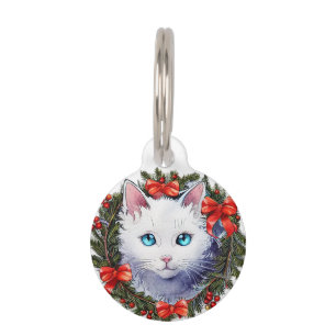 White Cat in Christmas Wreath Watercolor Painting, Pet Tag