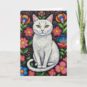White Cat in Colorful Folk Art Flowers Card
