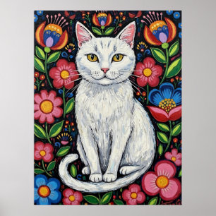 White Cat in Colorful Folk Art Flowers Poster