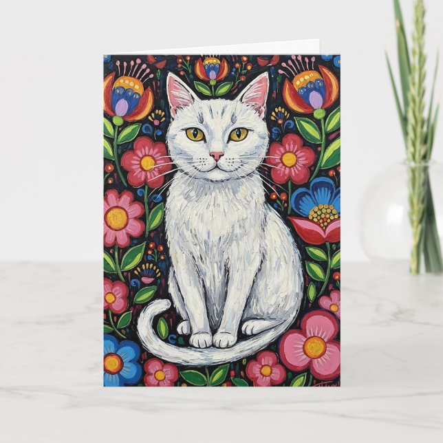 White Cat in Colourful Folk Art Flowers Card (Front)