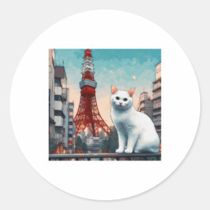 White Cat In Front Of Tokyo Tower Sticker
