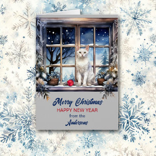 White Cat in Holiday Window Christmas