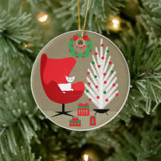 White Cat in Mid Century Christmas Room Ceramic Ornament