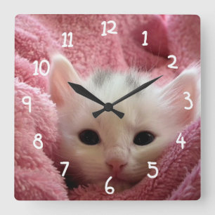 White cat in pink square wall clock
