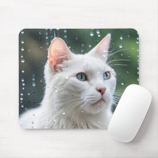 White Cat In Rainy Window Mouse Pad (With Mouse)