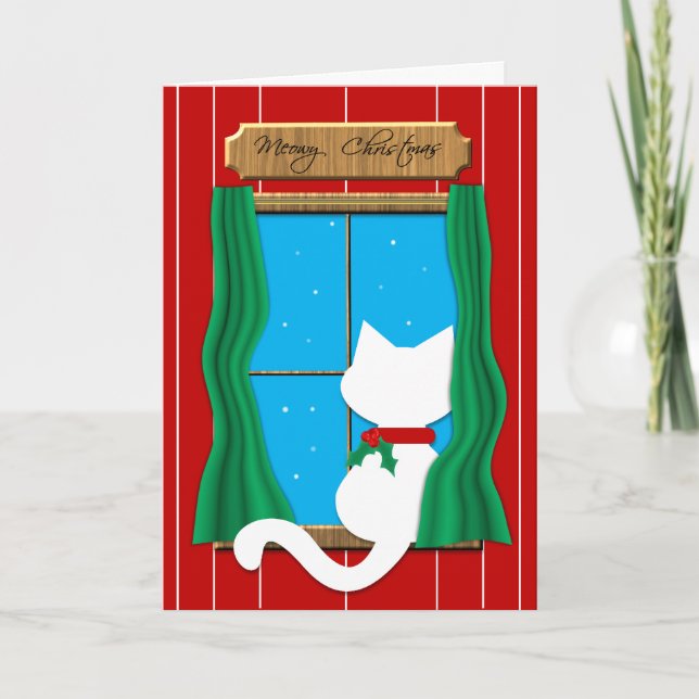White Cat  in Snowy Window - Meowy Christmas Card (Front)