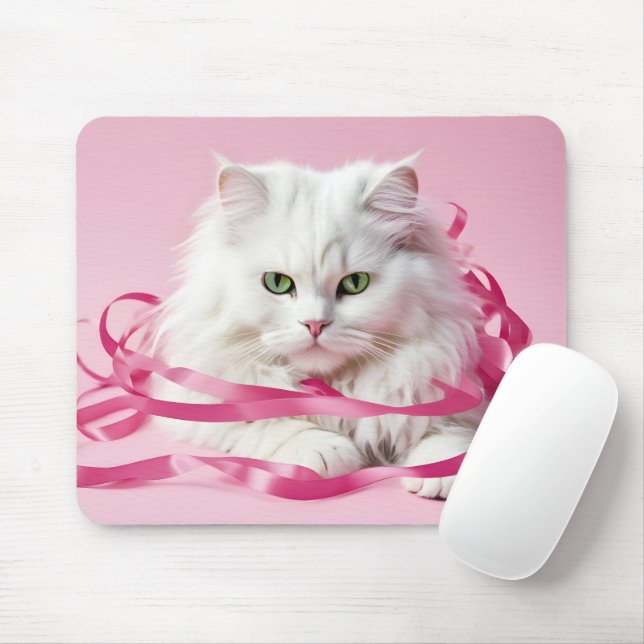 White Cat In Tangled In Pink Ribbons Mouse Pad (With Mouse)