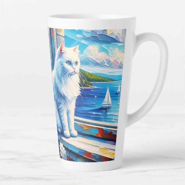 White Cat in Window sill Looking out at the Ocean Latte Mug (Right)
