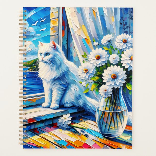 White Cat in Window sill Looking out at the Ocean Planner (Front)