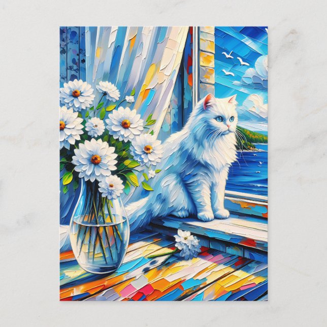 White Cat in Window sill Looking out at the Ocean Postcard (Front)