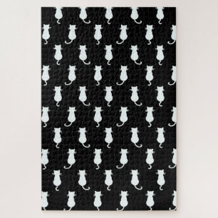 White Cat Isolated on Black Polka Dot Pattern Jigsaw Puzzle