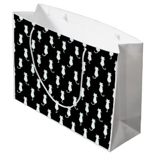 White Cat Isolated on Black Polka Dot Pattern Large Gift Bag