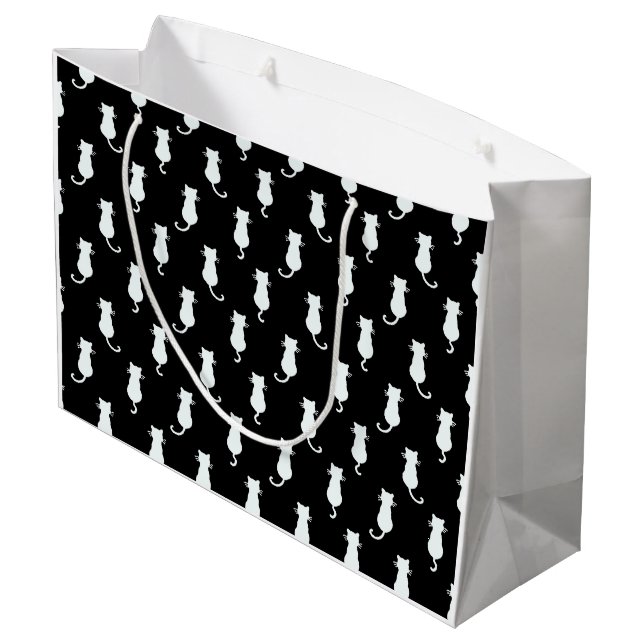 White Cat Isolated on Black Polka Dot Pattern Large Gift Bag (Back Angled)