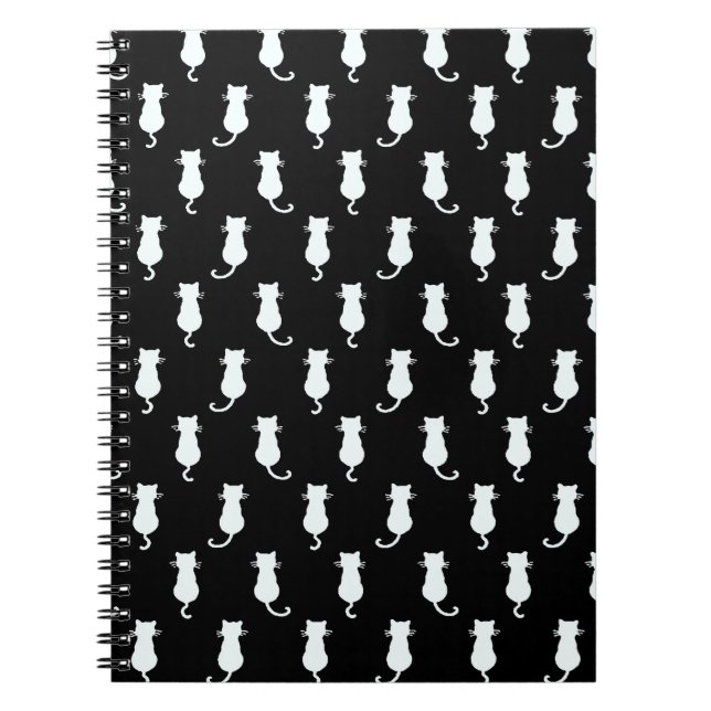 White Cat Isolated on Black Polka Dot Pattern Notebook (Front)