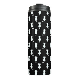 White Cat Isolated on Black Polka Dot Pattern Thermal Tumbler