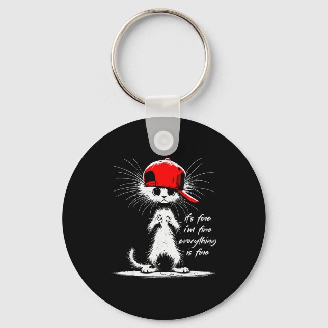 White Cat It's Fine I'm Fine Everything Is Fine Fu Key Ring (Front)