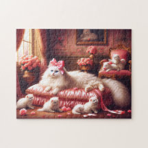 White Cat & Kittens Pink Rose Fancy Feline Family