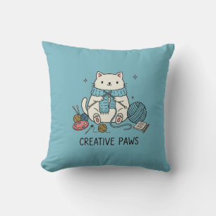 White Cat Knitting Cute Hobby Home Decor Blue Cushion