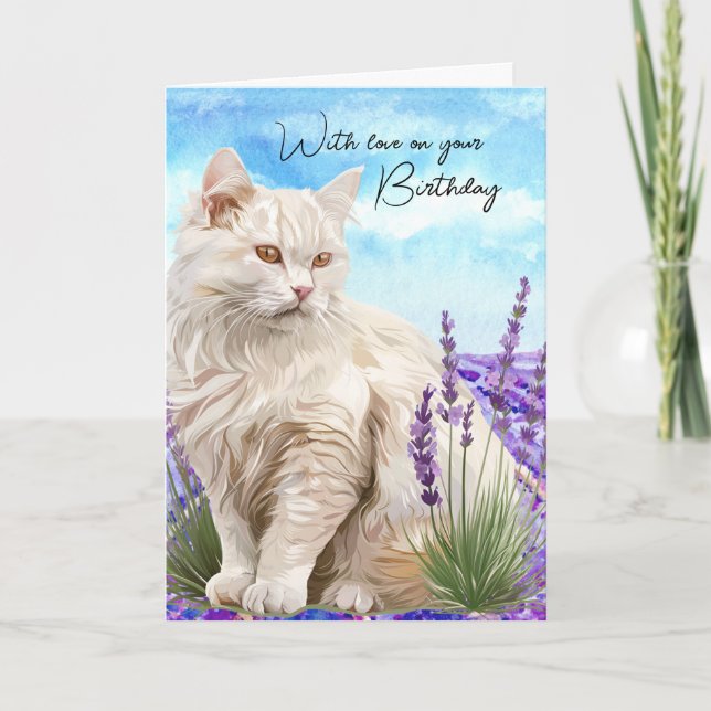 White Cat Lavender With Love Birthday Holiday Card (Front)
