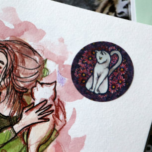 White Cat Mauve Daisies                            Classic Round Sticker