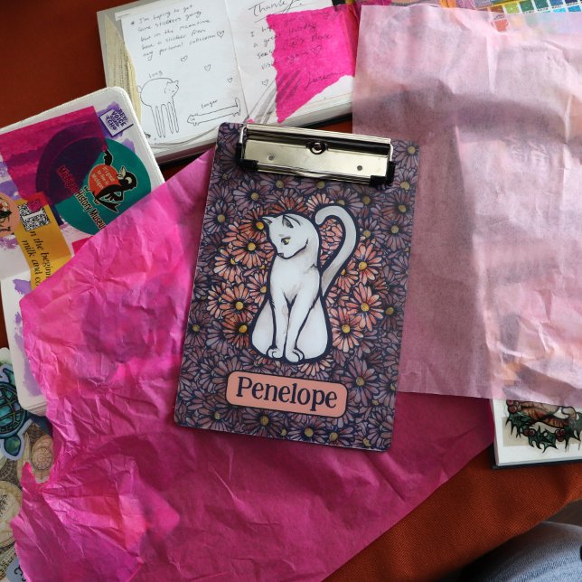 White Cat Mauve Daisies      Mini Clipboard (Creator Uploaded)