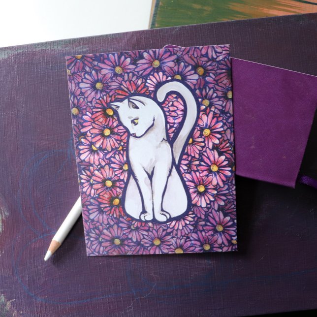 White Cat Mauve Daisies                            Postcard (Creator Uploaded)