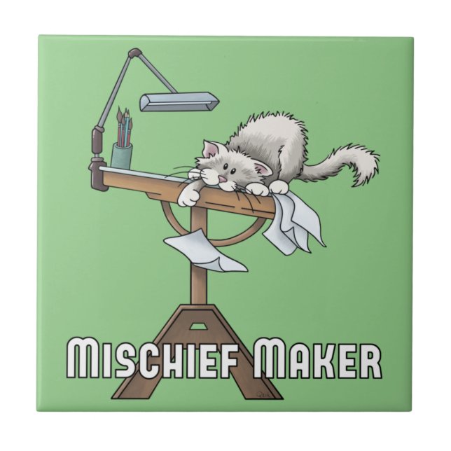 White Cat Mischief Maker Ceramic Tile (Front)