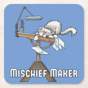 White Cat Mischief Maker  Square Paper Coaster