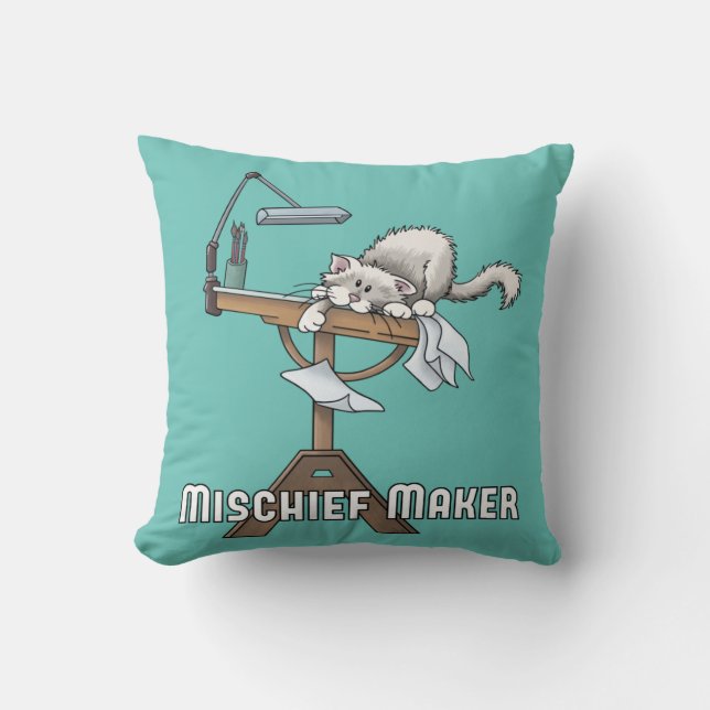 White Cat Mischief Maker  Throw Pillow (Front)