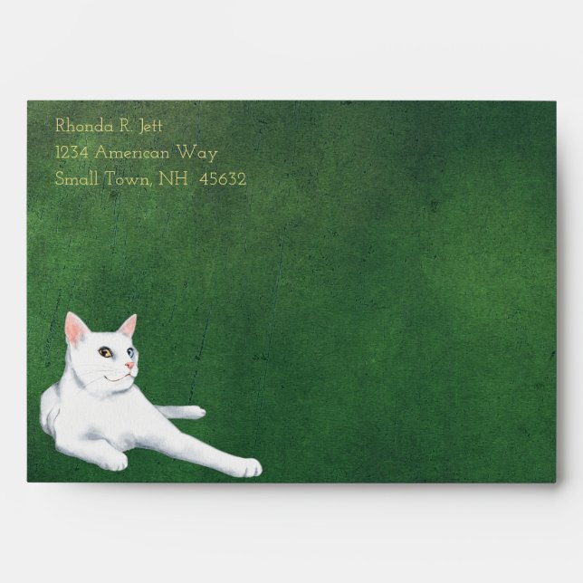 White Cat on a Dark Green Envelope (Front)
