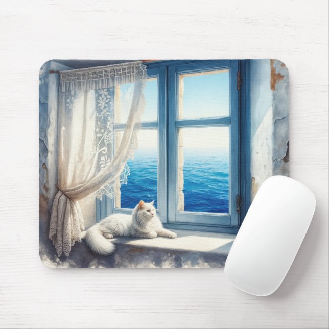 White Cat On a Windowsill With Ocean View Mouse Pad (With Mouse)
